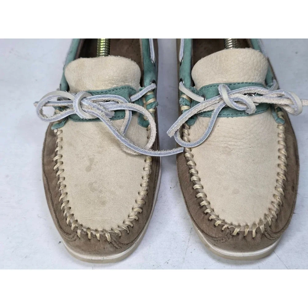 GH Bass Men's Boat Shoes Size 8.5 Brown Teal‎ Beige Suede Slip On Arch Loafers
